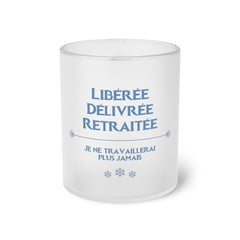 "Liberated, Delivered, Retired" Frosted Glass Mug: Joyful Retirement Celebration